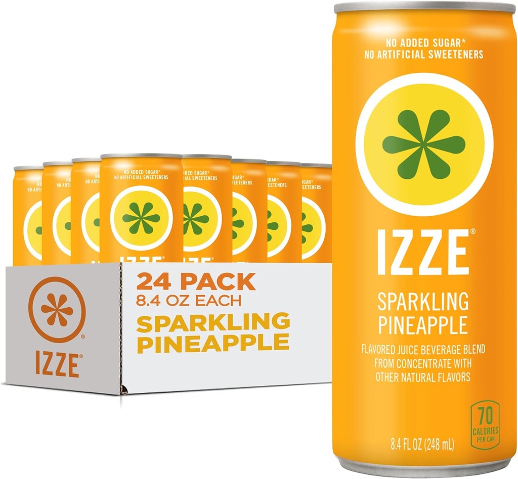 IZZE Sparkling Water Juice Beverage Blend, Pineapple, No Sugar Added, 8.4 FL OZ, 24 Cans
