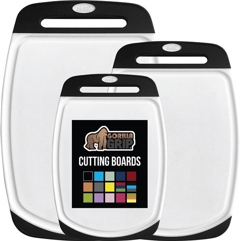 GORILLA GRIP BPA-Free Reversible Kitchen Cutting Board Set of 3, US Designed, Nonporous, Juice Grooves Catch Liquid, Slip Resistant Border, Durable Food Chopping Boards, Holiday Prep Essentials, Black