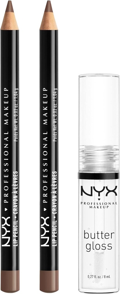 NYX PROFESSIONAL MAKEUP Slim Lip Pencil (Espresso) + Butter Gloss (Sugar Glass, Clear), 3-Pack Bundle