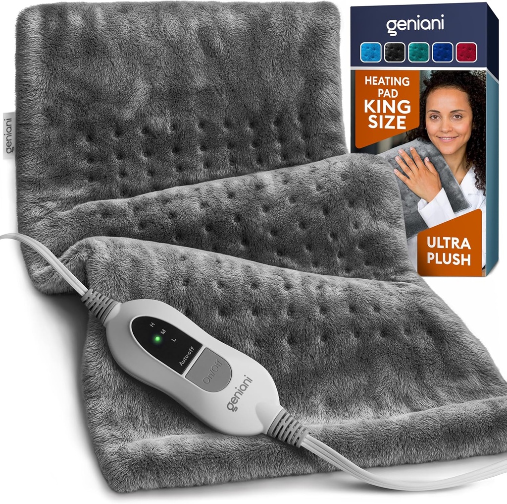GENIANI Electric Heating Pad for Back Pain & Cramps Relief, Electric Throw, Self Care Gifts for Women, Heating Pad for Neck & Shoulder, Machine Washable Microplush, Auto Shut Off (12×24", Tabby Gray)