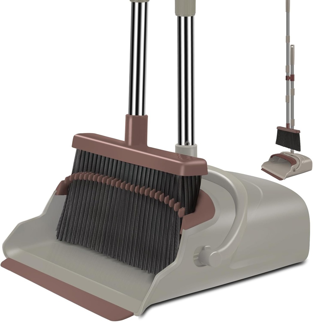 Upgrade Broom and Dustpan Set, Self-Cleaning with Dustpan Teeth, Ideal for Dog Cat Pets Home Use, Super Long Handle Upright Stand Up Broom and Dustpan Set (Brown) (ONESIZE)