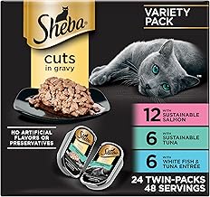 Sheba Perfect Portions Wet Cat Food Cuts in Gravy, with Sustainable Salmon, with Sustainable Tuna, and Delicate White Fish & Tuna, 2.6 oz. Twin-Pack Trays (24 Count, 48 Servings)