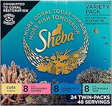 Sheba Perfect Portions Wet Cat Food Cuts in Gravy, with Sustainable Salmon, Tender Trout Entree, and with Sustainable Tuna, 2.6 oz. Twin-Pack Trays (24 Count, 48 Servings)