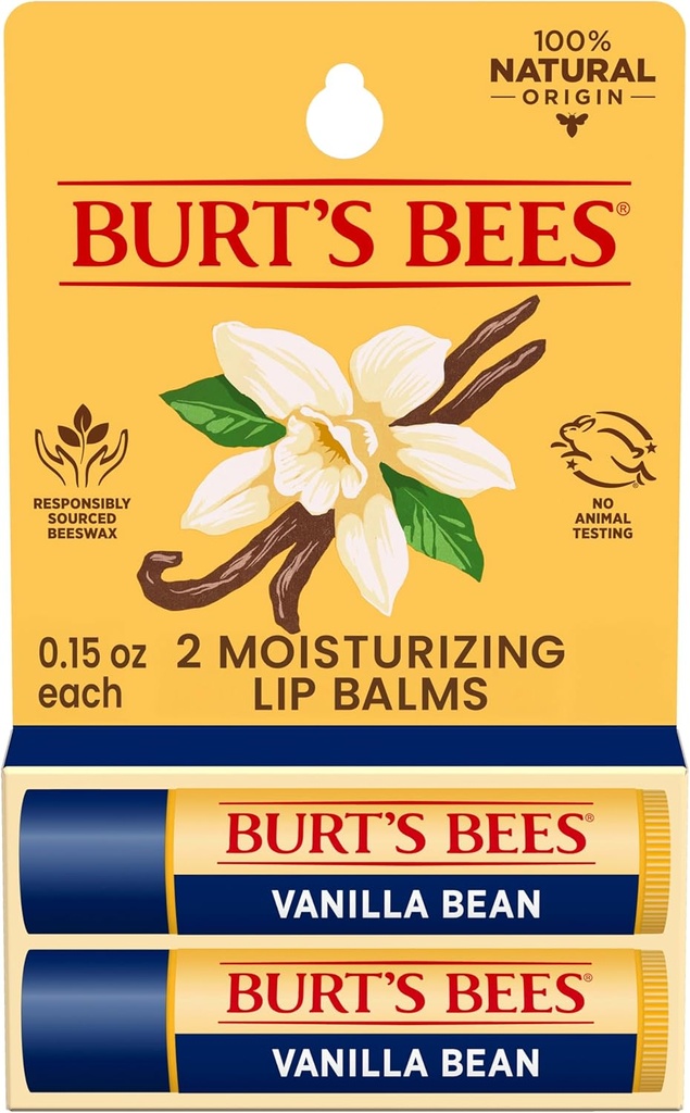 Burt's Bees Vanilla Bean Moisturizing Lip Balm, 100% Natural Origin, Mother's Day Gift, 2 Tubes, 0.15 oz