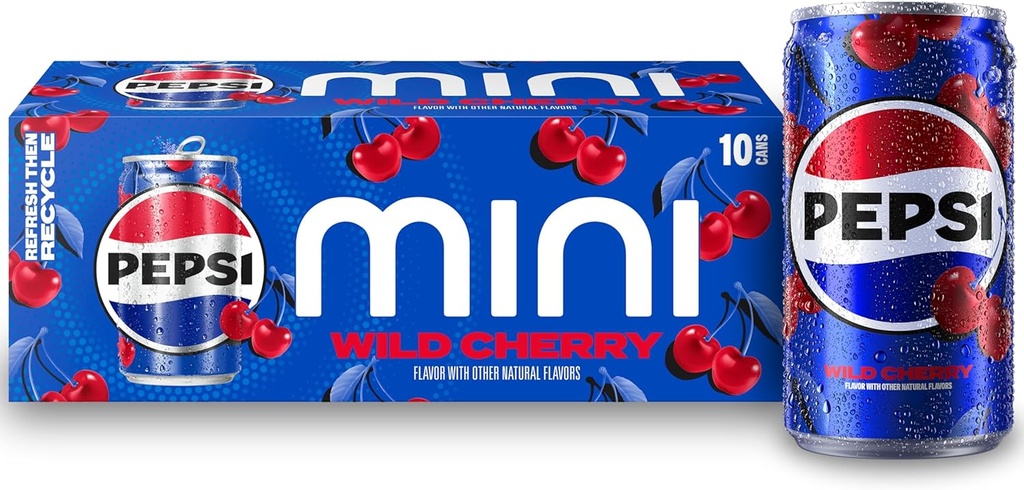 Pepsi Wild Cherry Cola Soda Pop Mini Cans, 7.5 Ounce Mini Cans (10 Pack) (Packaging May Vary)​