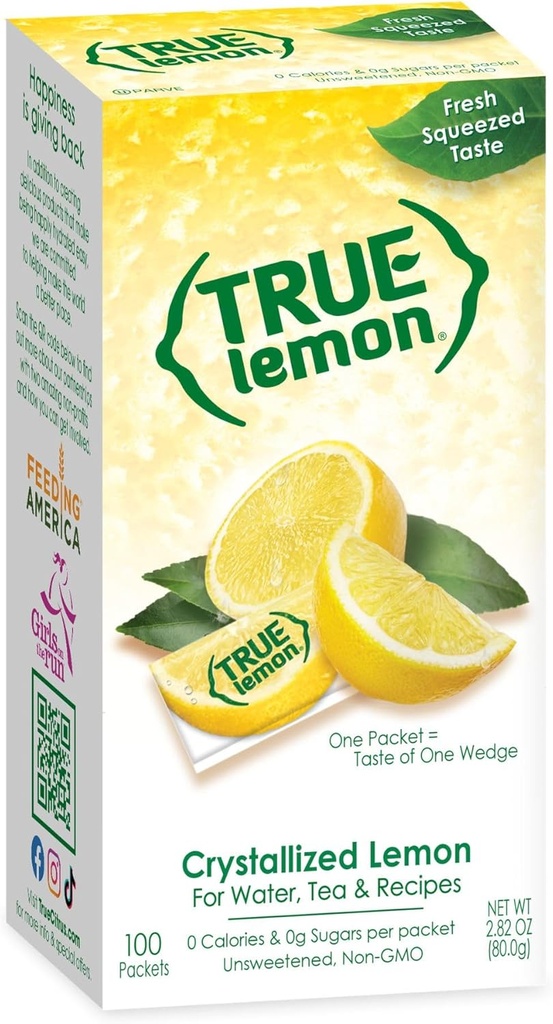 TRUE LEMON Water Enhancer, Bulk Dispenser, 100 Count (Pack of 1), 0 Calorie Drink Mix Packets For Water, Sugar Free Lemon Flavoring Powder Packets
