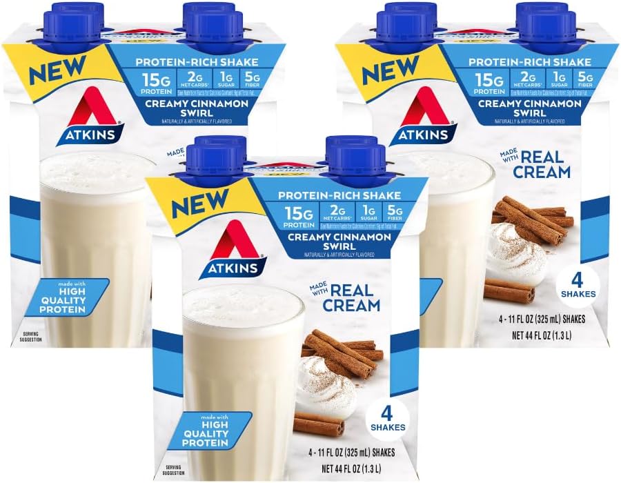 Atkins Creamy Cinnamon Swirl High Protein Shake, 15g Protein, Keto Protein Shake, 2g Net Carb, 1g Sugar, Low Sugar and Low Carb, Breakfast Protein Shakes, 12 Count