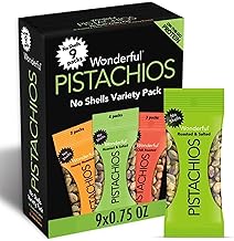 Wonderful Pistachios No Shells, 3 Flavors Mixed Variety Pack of 9 (0.75 Ounce), Roasted & Salted Nuts (4), Chili (3), Honey (2), Protein Snacks, Gluten Free, Healthy Snacks Variety Pack for Adults