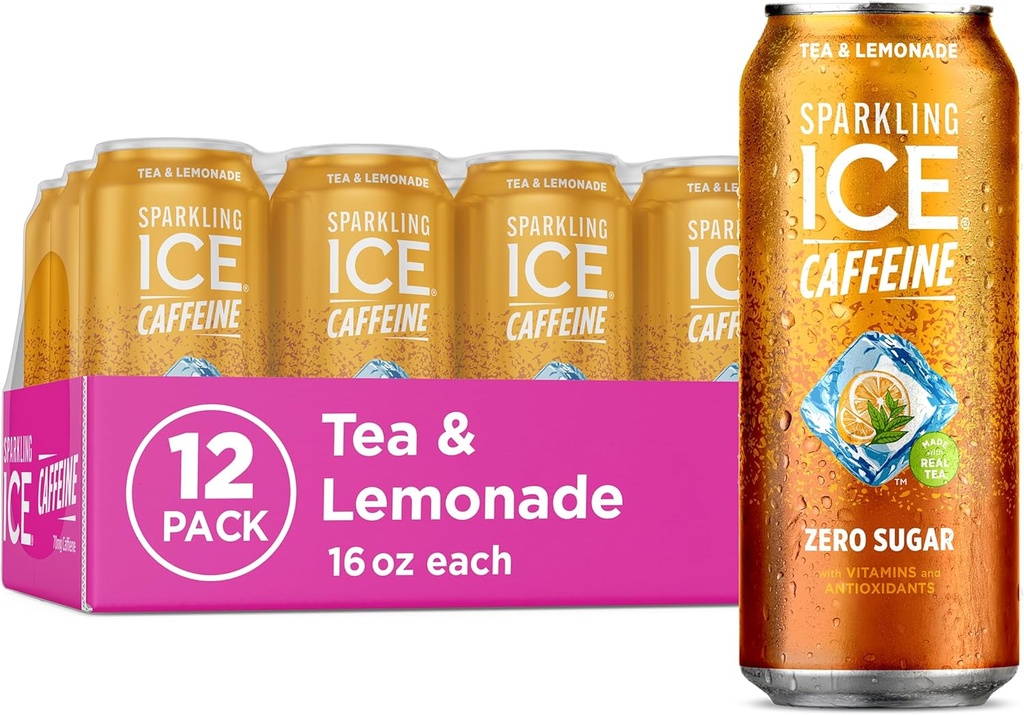 Sparkling Ice Caffeine Tea + Lemonade Sparkling Water with Caffeine, Zero Sugar, with Antioxidants and Vitamins,16 fl oz Cans (Pack Of 12)
