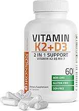 Bronson Vitamin K2 D3 (MK7) Supplement Non-GMO Formula Vitamin D3 5000IU (125 mcg) & 90 mcg K2 MK-7, Easy to Swallow D & K Complex, 60 Capsules