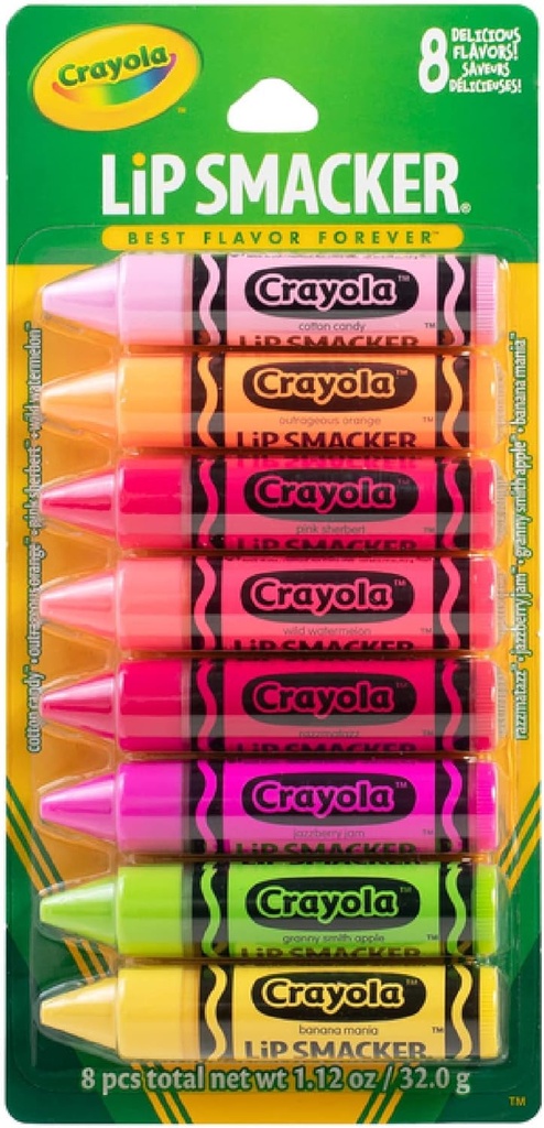 Lip Smacker Crayola Lip Balm Party Pack - 8 Moisturizing Lip Balms, Cotton Candy, Orange, Sherbert, Watermelon, Berry, Apple, Banana, Hydrating & Protecting - Cruelty-Free