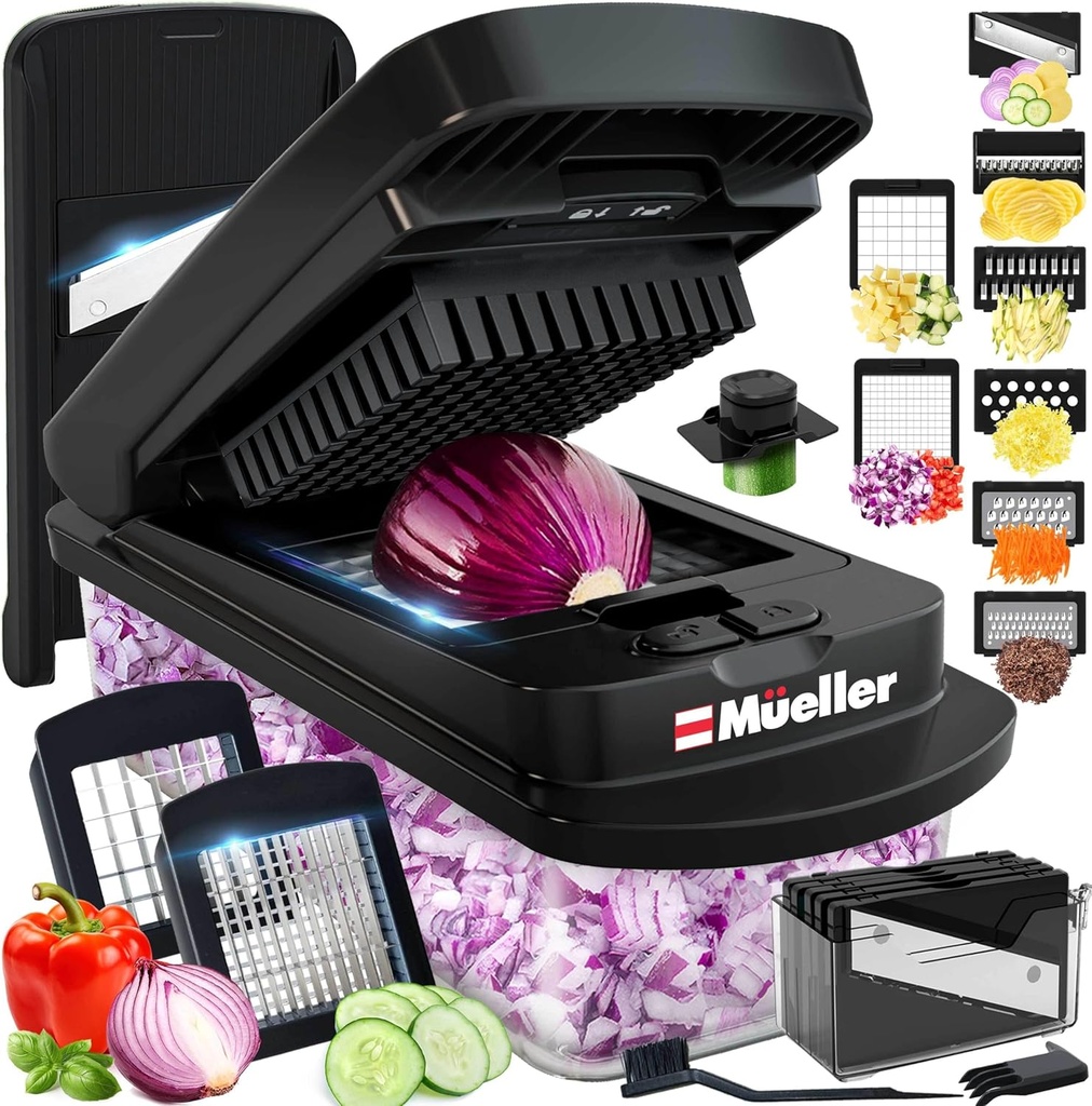 Mueller Pro-Series 10-in-1, 8 Blade Vegetable Chopper, Mandoline Slicer, Onion Mincer, Cutter, Dicer, Veggie Chopper with Container, Kitchen Essentials & Gadgets, House Warming Gifts New Home, Black (ONESIZE)
