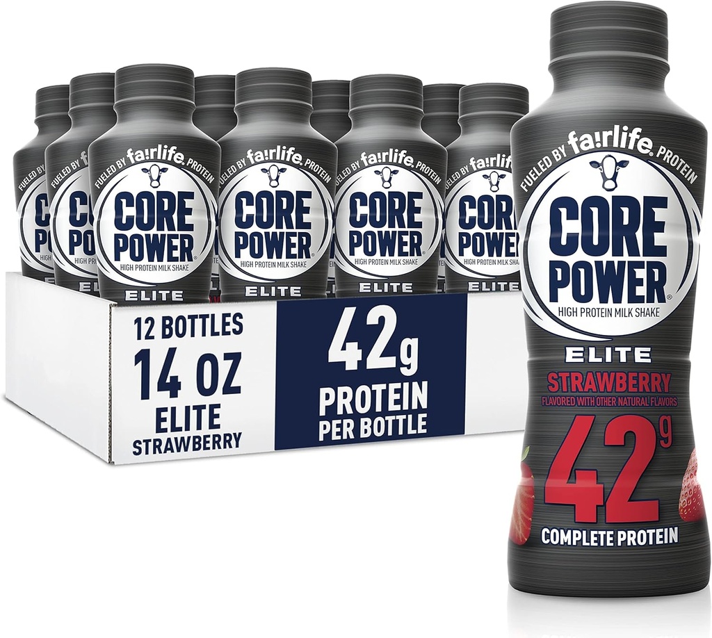 Core Power Elite High Protein Shake, Strawberry, 42g Bottle, 14oz, 12 Pack