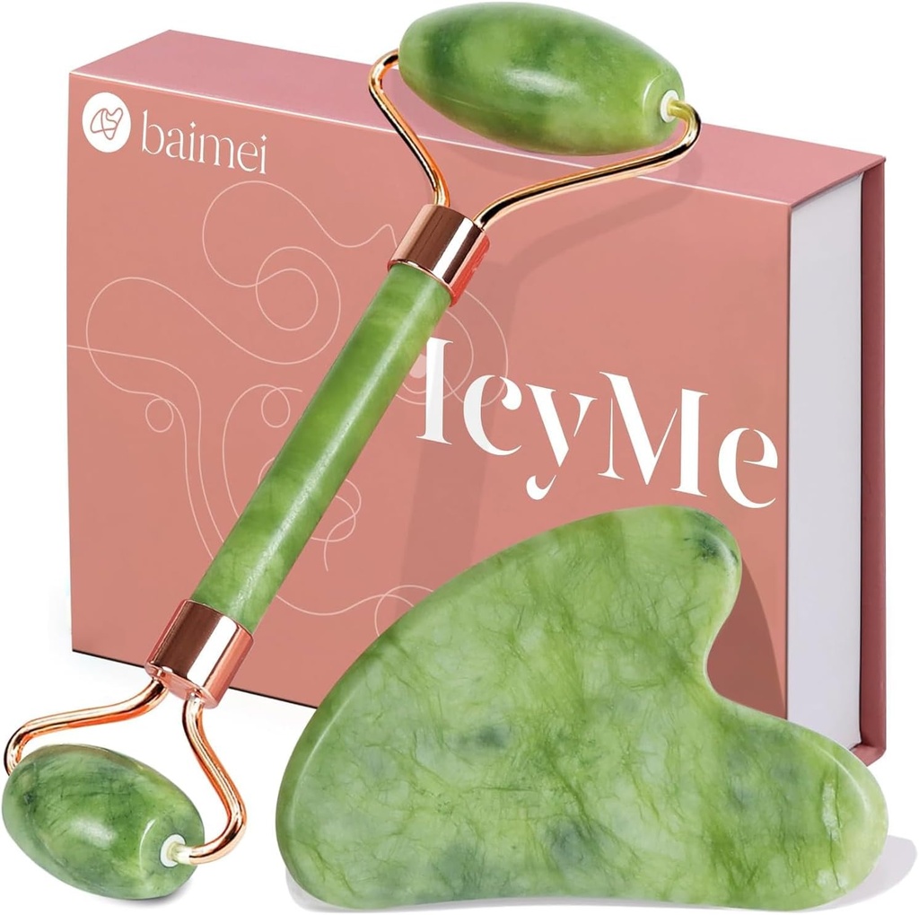 BAIMEI IcyMe Gua Sha & Jade Roller Set, Cooling Face Roller & Guasha Tool for Face Depuffing, Facial Sculpting & Jawline Definition, Smooth Rolling Skincare Tools for Women & Men – Green