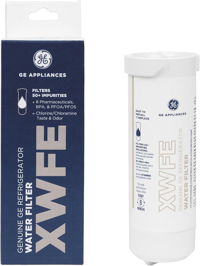 GE XWFE™ Refrigerator Water Filter, Genuine Replacement Filter, Certified to Reduce Lead, Microplastics, PFOA/PFOS, and 50+ Other Impurities, Compatible with GE Appliances Brands, Pack of 1