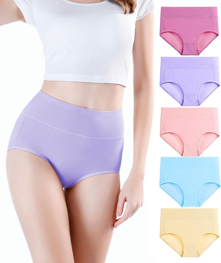 Women's Underwear High Waisted Ladies Cotton Panties Soft Full Coverage Briefs 5 Pack
