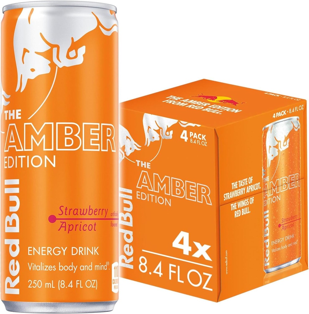 Red Bull Amber Edition Energy Drink, Strawberry Apricot, with 80mg Caffeine plus Taurine & B Vitamins, 8.4 Fl Oz, Pack of 4 Cans