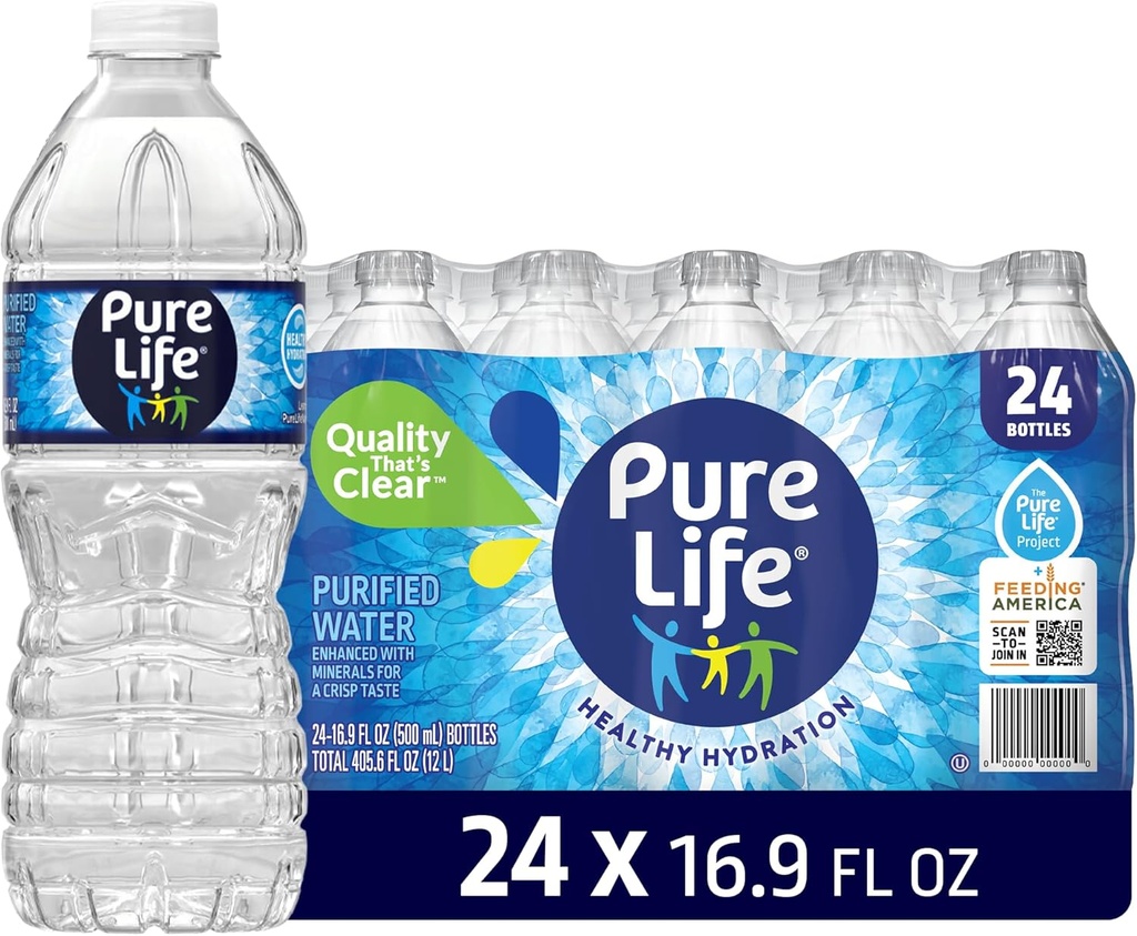 Pure Life Purified Water Bottles, 24 Pack - Still Bottled Water Enhanced with Minerals for a Crisp Taste, Plastic Bottles - 16.9 Fl Oz