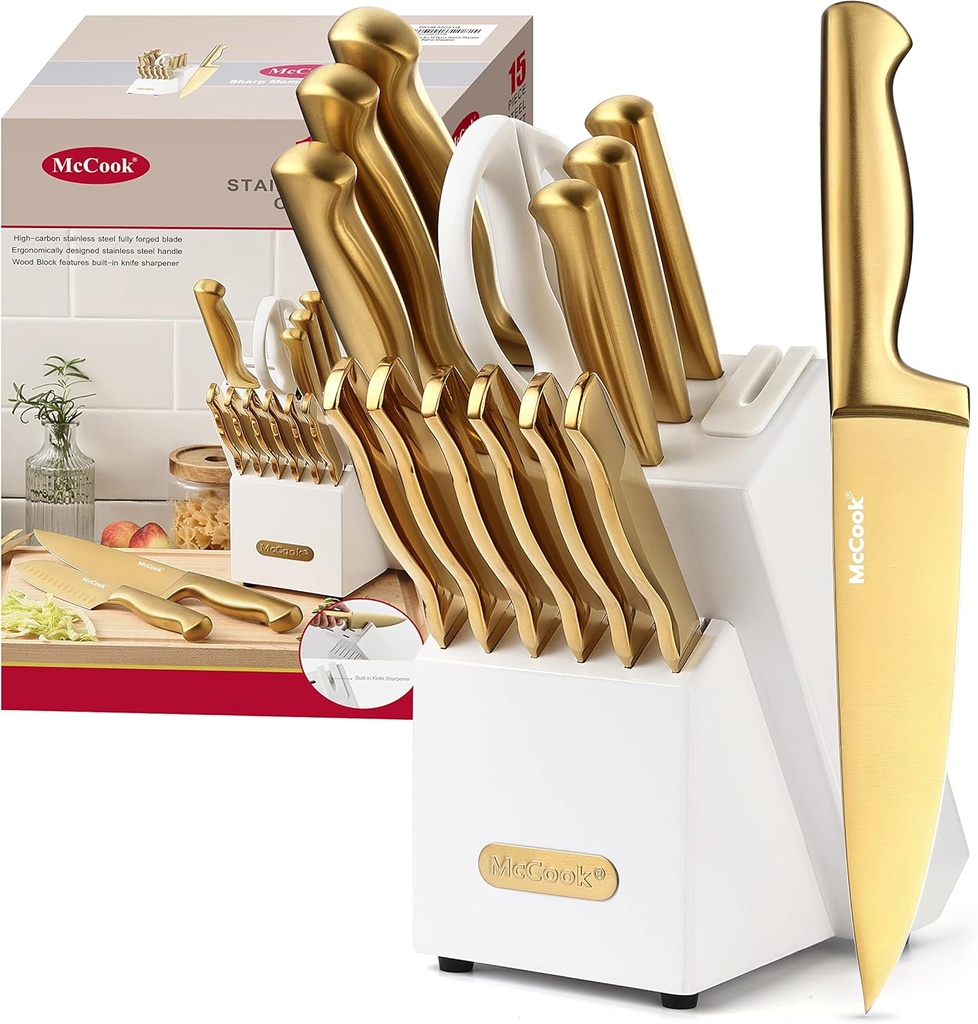 McCook® Knife Sets, Golden Titanium Stainless Steel Kitchen Knife Block Sets with Built-in Sharpener,15 Piece Knives, Restaurant Grade Sharp, Elegant Gold & Stylish Wooden Block for Modern Culinary