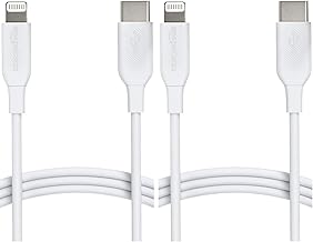 Amazon Basics USB-C to Lightning Charger Cable, Apple MFi Certified for iPhone 14 13 12 11 X Xs Pro, Pro Max, Plus, iPad, Fast Charging, High Speed Data Sync, 6 ft, White (Pack of 2)
