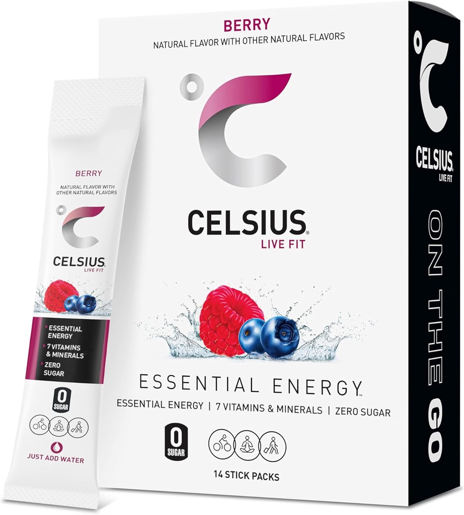 CELSIUS On-the-Go Powder Stick Packs, Zero Sugar (14 Sticks per Pack), Berry, 2.5 Ounce, (Pack of 14)