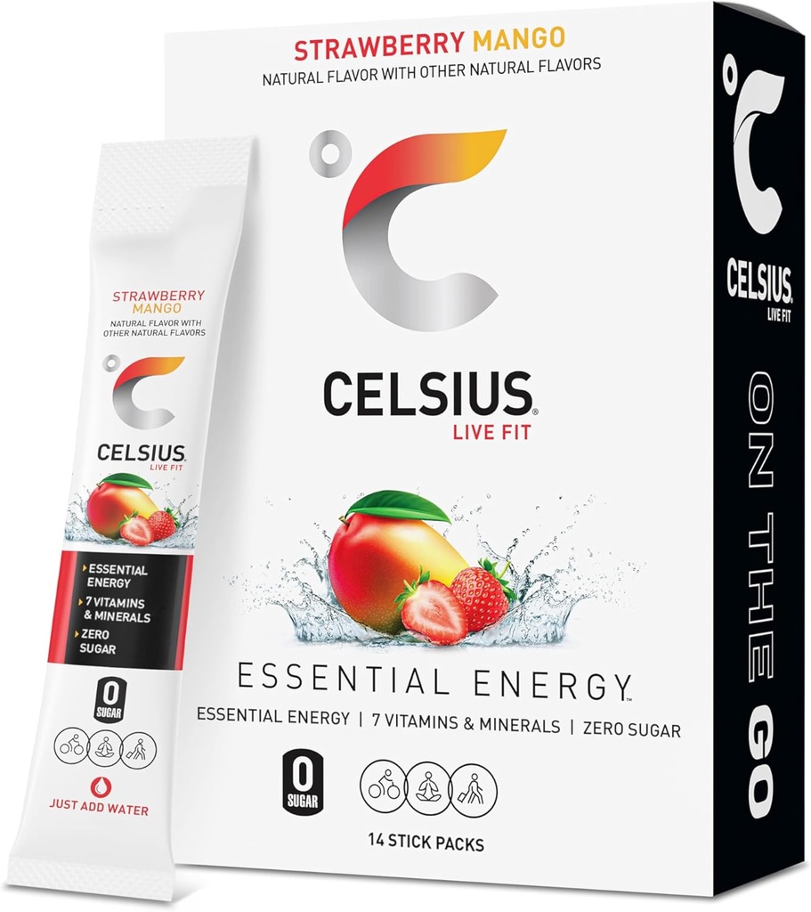 CELSIUS On The Go Strawberry Mango, Sugar Free Energy Drink Mix (14 Sticks per Pack)