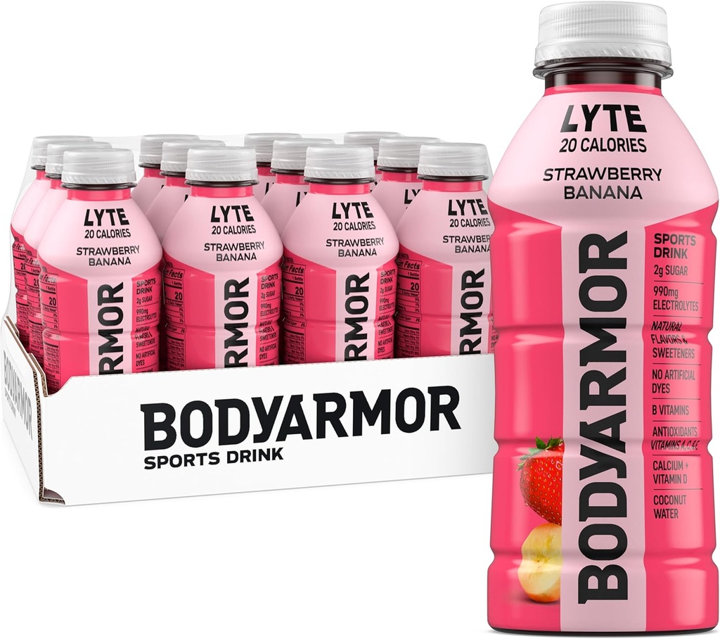 BODYARMOR Lyte, Strawberry Banana, Electrolyte Drink, 20 Calories, 16 Fl Oz Bottles (12 Pack), Coconut Water Sports Drink, Natural Flavor & B Vitamins