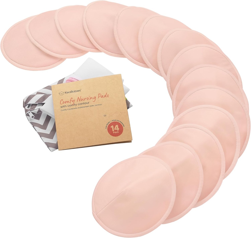Organic Nursing Pads - 14 Washable Breast Pads for Breastfeeding, Wash Bag, Viscose Derived from Bamboo Reusable Nipple Covers for Breastfeeding Essentials, Soft & Absorbent(Pink Sand, L 4.8")