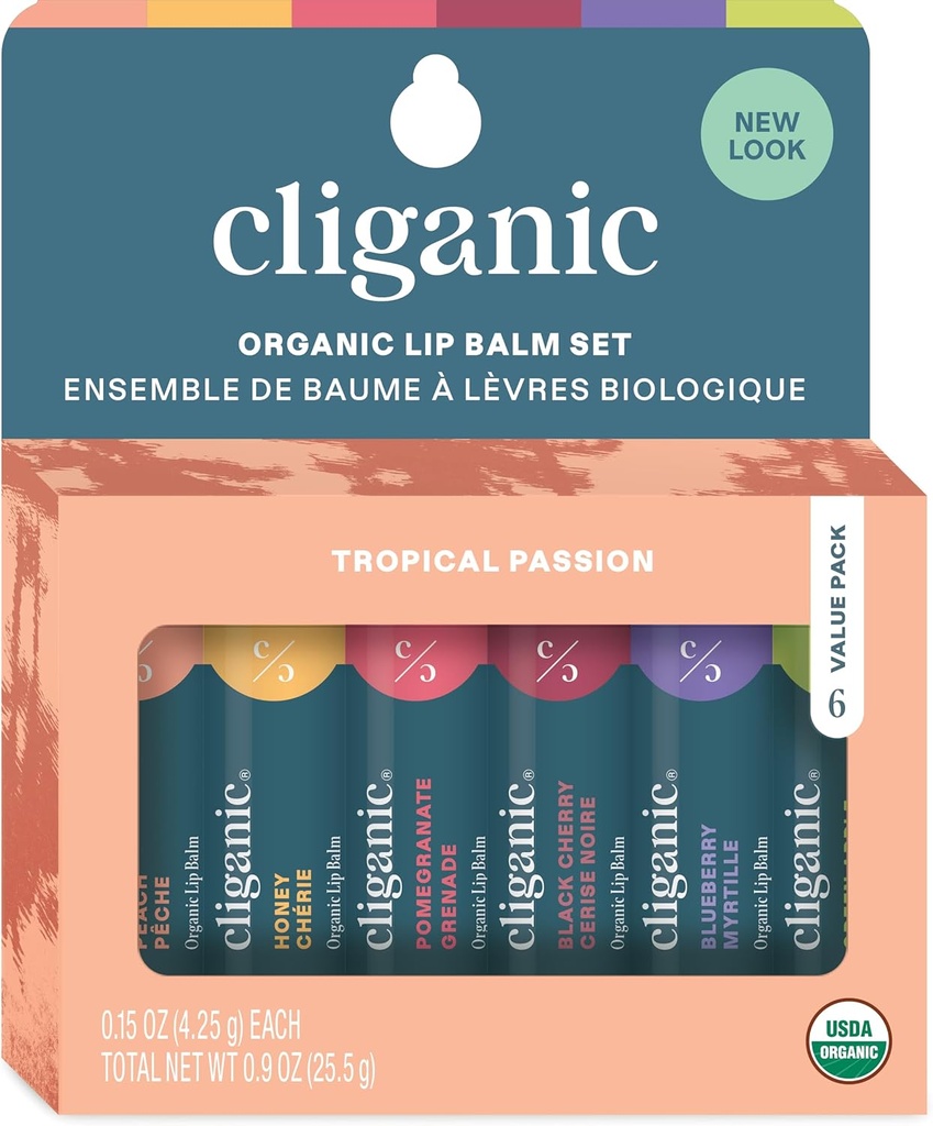 Cliganic Organic Lip Balm Set - 6 Tropical Flavors - 100% Natural Moisturizer for Cracked & Dry Lips