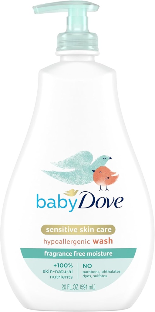 Baby Dove Sensitive Skin Care Baby Wash Fragrance Free Moisture For Baby Bath Time Fragrance Free and Hypoallergenic, Washes Away Bacteria 20 oz
