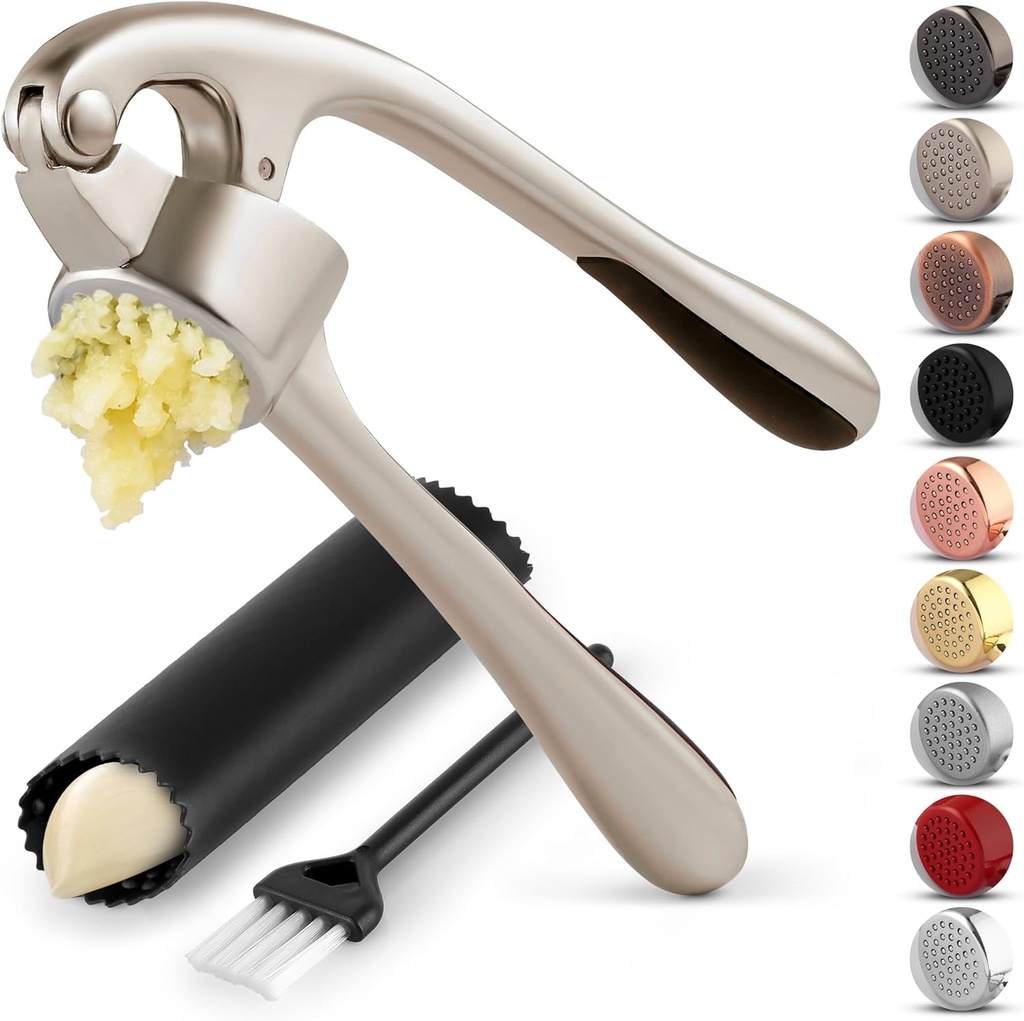 Zulay Kitchen Premium Garlic Press Set - Rust Proof Professional Garlic Mincer Tool - Easy-Squeeze, Easy-Clean with Soft, Ergonomic Handle - Silicone Garlic Peeler & Brush (Silver) (ONESIZE)