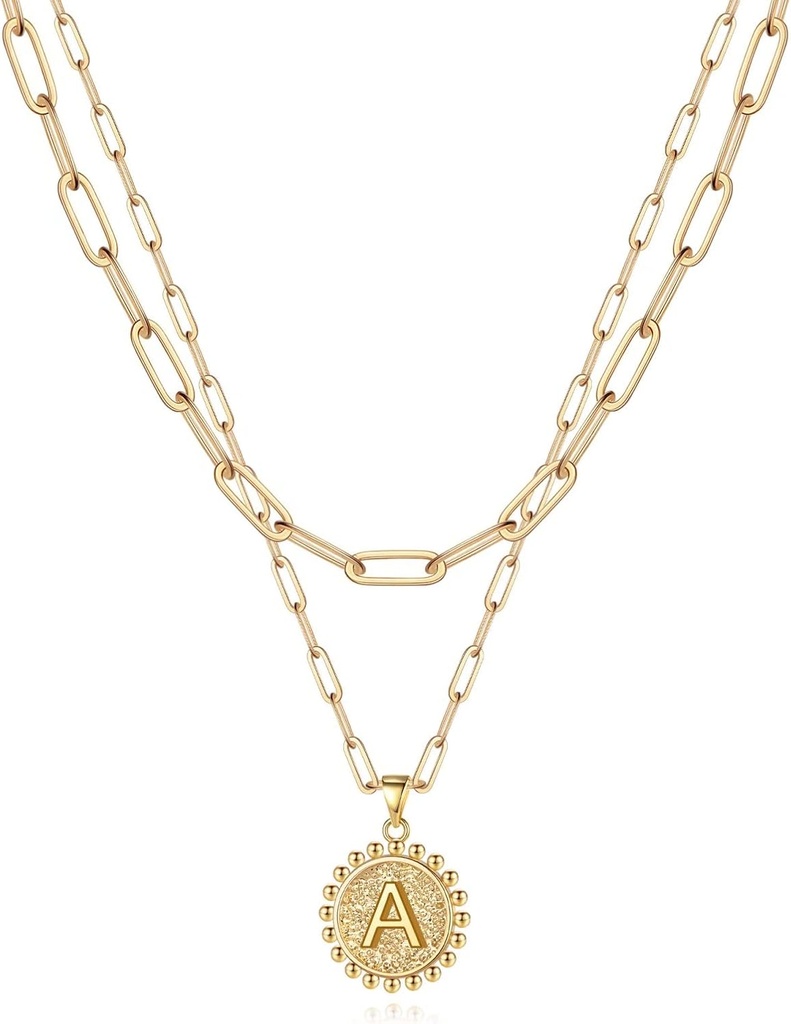 Easter Basket Stuffers Layered Initial Necklaces for Women Gifts - 14K Gold Plated Dainty Layering Paperclip Link Chain Necklace Coin Initial Necklace Birthday Gifts for Women Teen Girls