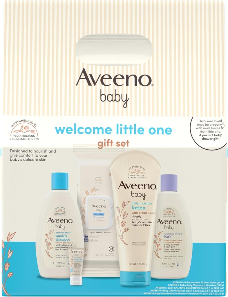 Aveeno Baby Welcome Little One Gift Set, Skincare Set with Nourishing Body Wash & Shampoo, Calming Bath Wash, All Over Wipes, Daily Moisturizing Lotion, & Balm, 5 Items