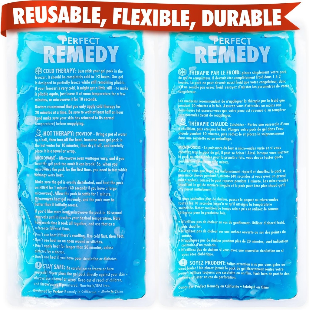 Perfect Remedy 2-Pack Gel Ice Packs for Injuries Reusable, Hot & Cold Pack that’s Durable, Soft & Flexible, Fast Relief & Recovery (Blue, Reg 2PK)