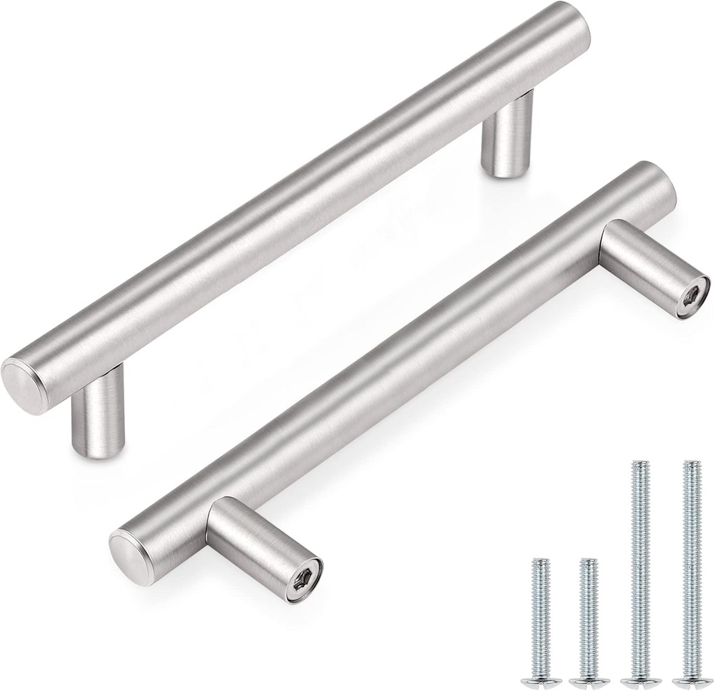 Probrico 30 Pack|4 Inch Hole Centers Satin Nickel Cabinet Handles, Euro Style Drawer Pulls, Stainless Steel Modern Round T Bar Kitchen Cabinet Pulls, Cabinet Hardware for Bathroom Bedroom (ONESIZE)