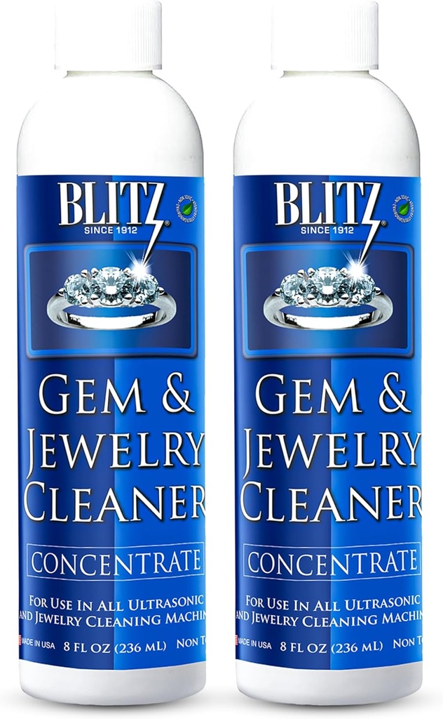 Blitz Gem & Jewelry Cleaner Liquid Concentrate for Gold, Silver, Platinum Jewelry Cleans Non-Porous, Precious & Semi-Precious Stones Non-Toxic, Non-Abrasive, Planet Friendly Made in USA 8oz (2 Pack)