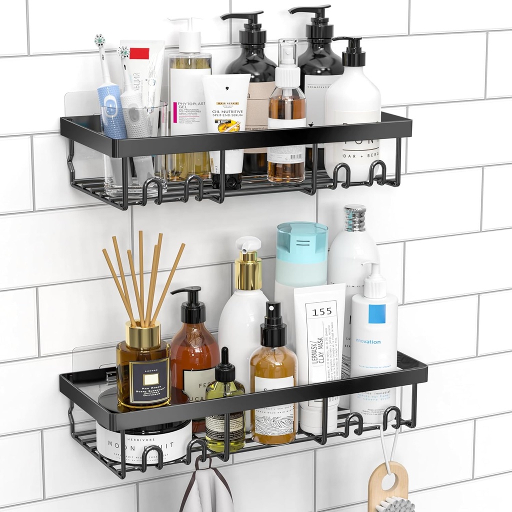 Moforoco Shower Caddy Shelf Organizer Rack, Self Adhesive Black Bathroom Shelves Basket, Home Farmhouse Wall Inside Organization and Storage Decor Rv Accessories, First Camper Apartment Essentials | B