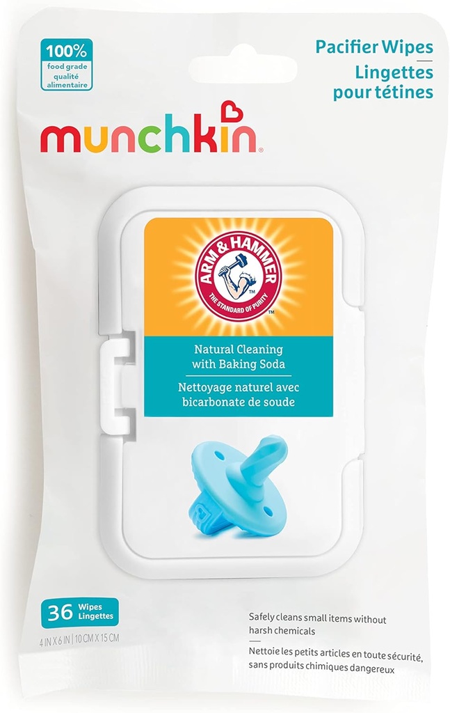 Munchkin Arm & Hammer Pacifier Wipes - Safely Cleans Breast Pump Parts and Feeding Essentials for Baby and Toddler, 1 Pack, 36 Wipes
