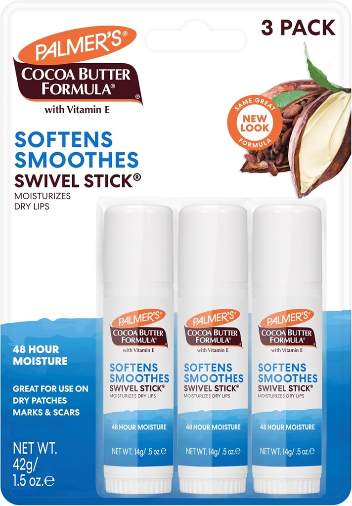 Palmer's Cocoa Butter Formula Moisturizing Swivel Stick with Vitamin E, Lip Balm for Valentine's Day, Face & Body Moisturizer Stick, Ideal for Treating Dry Skin Patches (Pack of 3)
