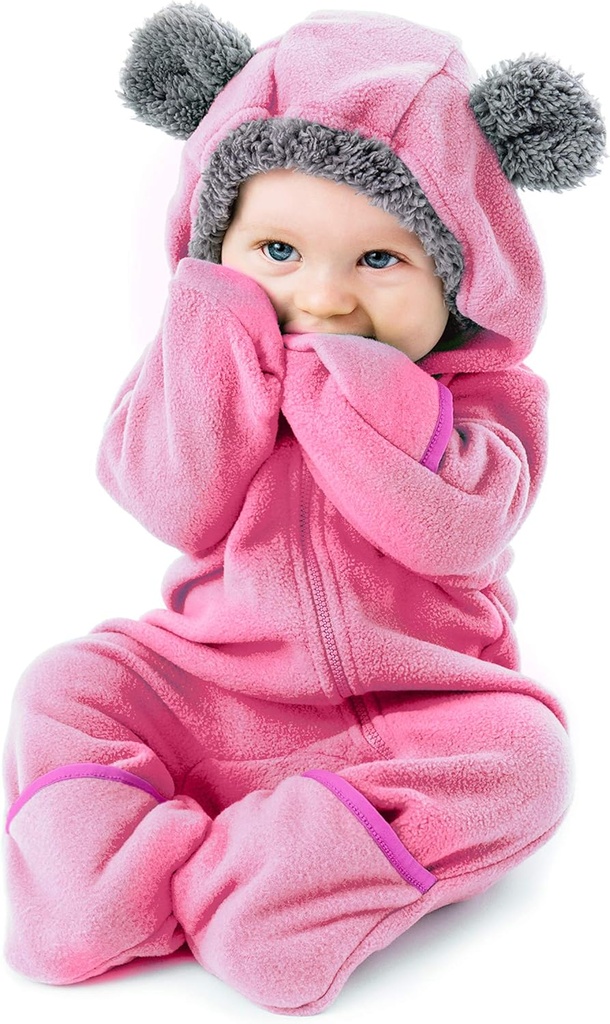 Fleece Baby Bunting Bodysuit with Hood, Convertible Mittens & Booties, Car Seat Friendly, Soft & Warm, Easy Zip (ONESIZE)