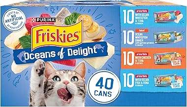 Purina Friskies Wet Cat Food Variety Pack, Oceans of Delight Flaked and Prime Filets - (Pack of 40) 5.5 oz. Cans