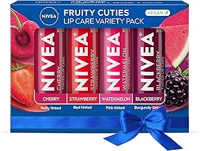 NIVEA Lip Care, Fruity Tinted Lip Balm Variety Pack, Cherry, Strawberry, Blackberry and Watermelon Flavors, 3-in-1 Moisture, Repair and Color, 0.17 Oz Stick, Pack of 4