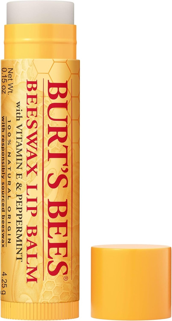 Burt's Bees 100% Natural Moisturizing Lip Balm, Original Beeswax with Vitamin E & Peppermint Oil, 0.15 Oz