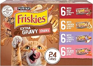 Purina Friskies Extra Gravy Wet Cat Food Chunky 24ct Variety Pack (With Chicken, Turkey, Salmon, Beef) - (Pack of 24) 5.5 oz. Cans