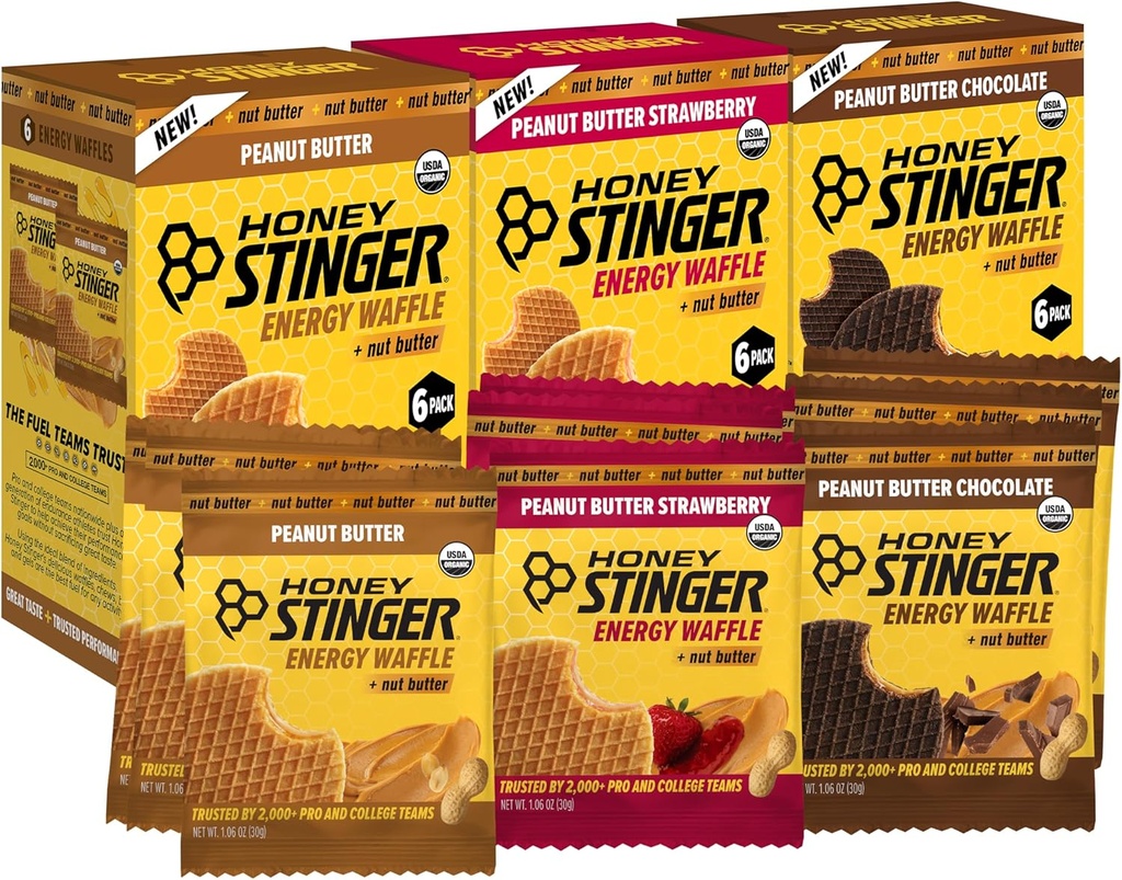 Honey Stinger Organic Peanut Butter Energy Waffle Variety Pack of 18, 6 Pack Each of Peanut Butter, PB Chocolate and PB Strawberry, Nutritious Stroopwafel Snack for Exercise, Endurance and Performance