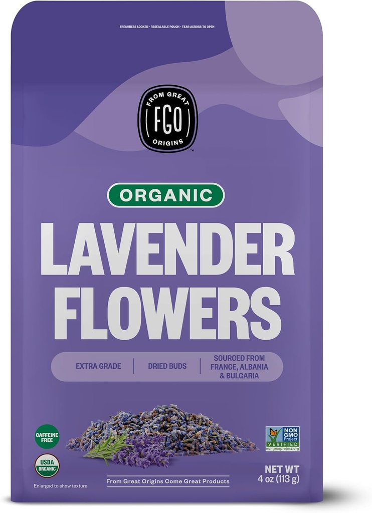 FGO Organic Dried Lavender Flowers, Extra Grade Dried Buds, Imported From France for Culinary or Sachet Bags, 4oz, Packaging May Vary (Pack of 1)