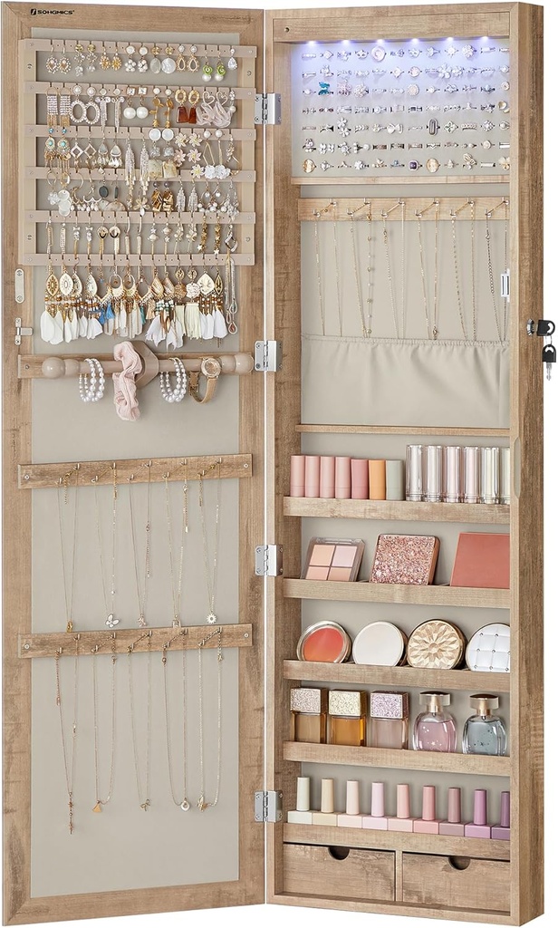 SONGMICS 6 LEDs Mirror Jewelry Cabinet, 47.2-Inch Tall Lockable Wall or Door Mounted Jewelry Armoire Organizer with Mirror, 2 Drawers, 3.9 x 14.6 x 47.2 Inches, Toasted Oak Color UJJC093N01