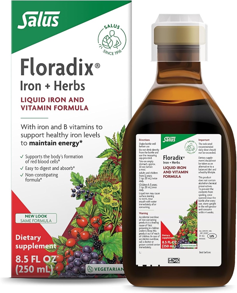 Floradix Iron & Herbs - Liquid Herbal Supplement for Energy Support - Iron Supplement with Vitamin C & Vitamin B Complex - for Men & Women - 8.5 fl oz