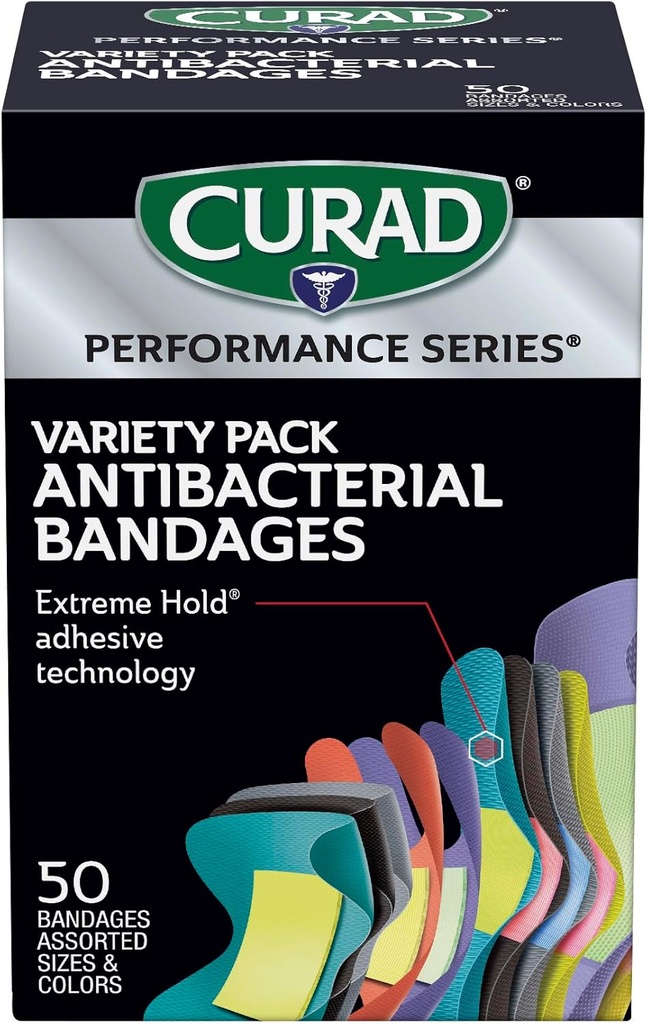 CURAD Performance Series Antibacterial Bandages, Extreme Hold Adhesive Technology, Finger & Knuckle Bandages, Flexible Fabric, Variety Pack with Assorted Sizes & Colors, 50 Count