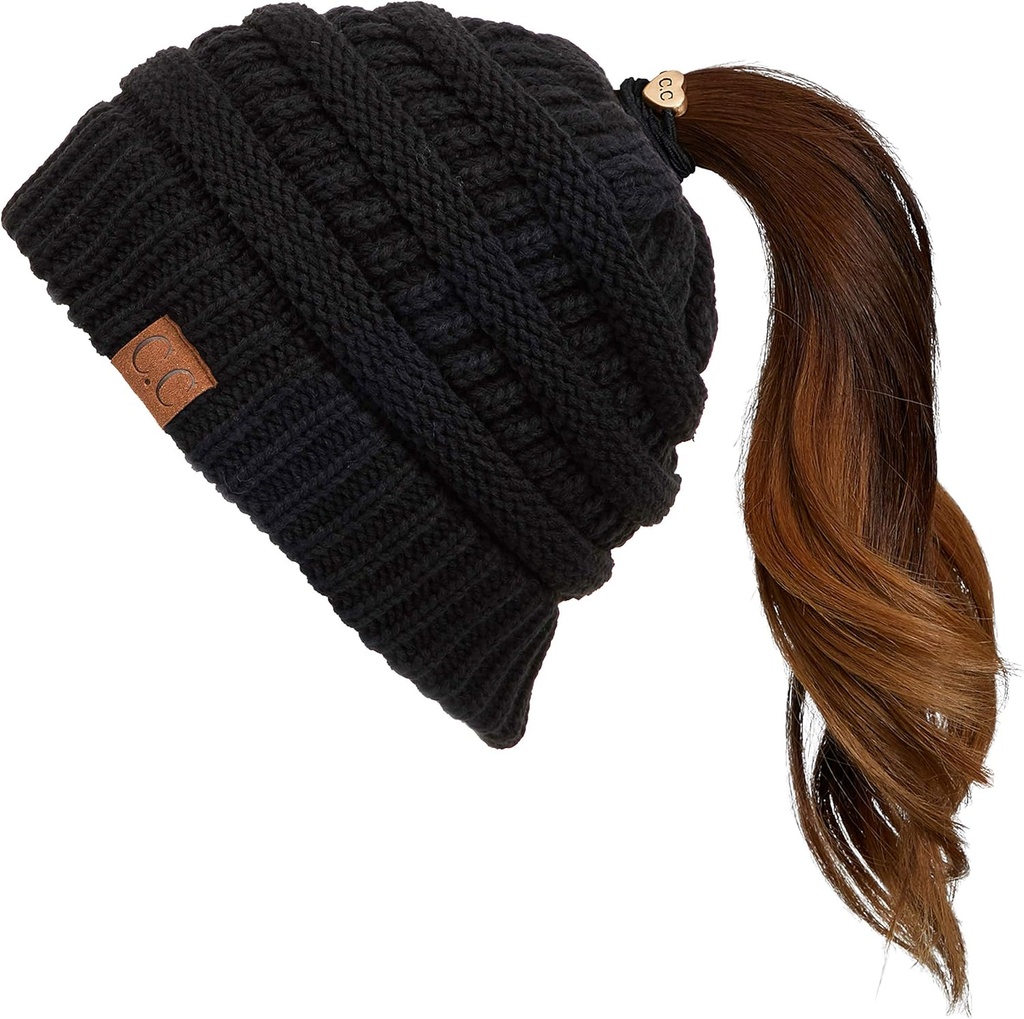 Exclusives Soft Stretch Cable Knit Messy Bun Ponytail Beanie Winter Hat for Women (MB-20A)